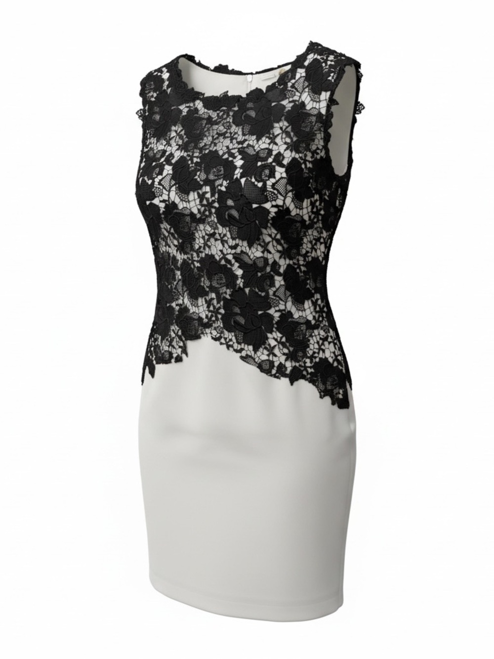 Elie Tahari Sleeveless Black Lace Overlay White Sheath Dress